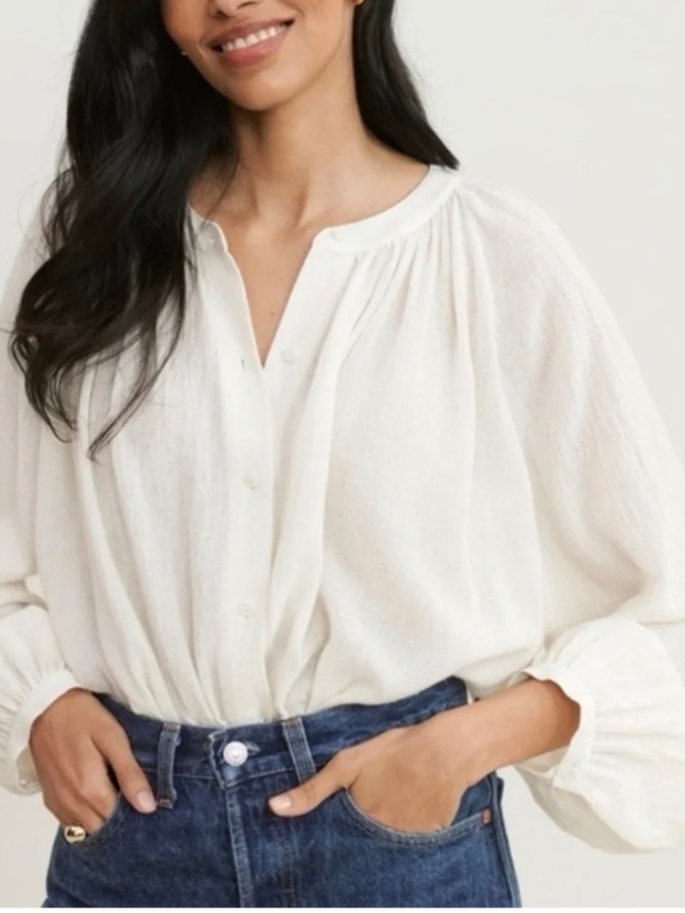 Jenni Kayne Willow Blouse XS Ivory Lightweight Boxy Long Sleeve Gathered Neck